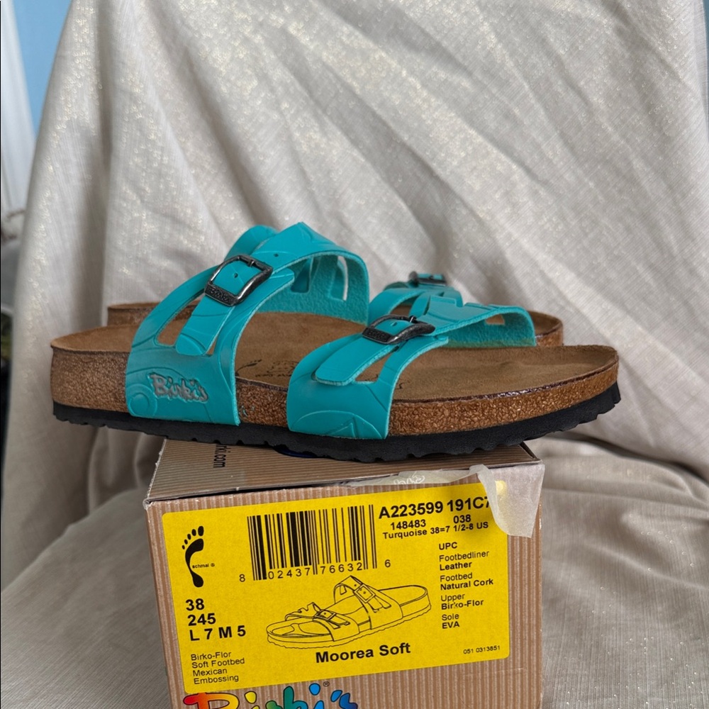 Ladies Birkenstock Birkies Turquoise Moorea Soft Sandals Sz 7 New in Box